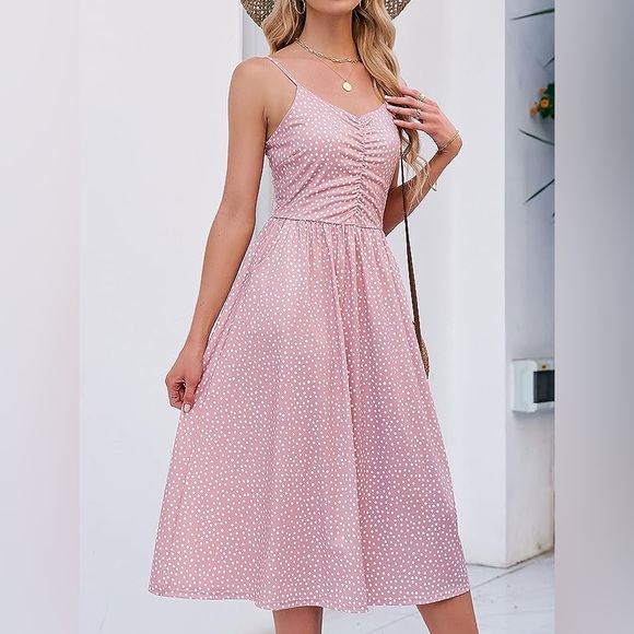 NWT Midi Polka Dot Adjustable Strap Ruched Front Dress - Picture 3 of 14